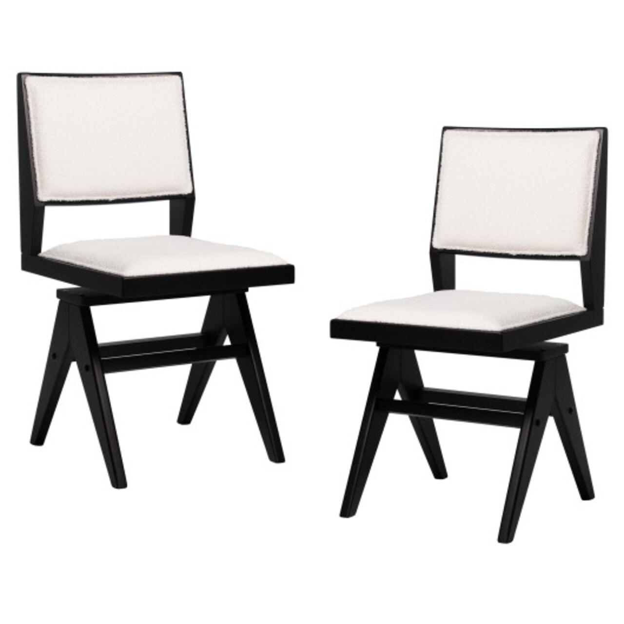 Black White Faux Sherpa Dining Chair Set 2 Swivel Rubber Wood Armless